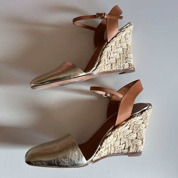 Tory Burch Metallic Gold Leather Closed Toe High Espadrille 95mm Wedge Heels 8 M - Picture 7 of 10